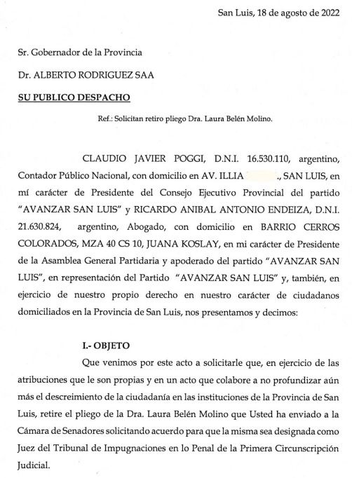 Poggi le pidió a Rodríguez Saá que retire el pliego de la polémica jueza Molino