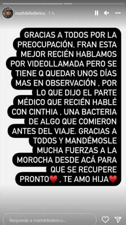 El mensaje de Matías Defederico a su hija Francesca, internada en Punta Cana: “Fuerzas a la morocha desde acá”