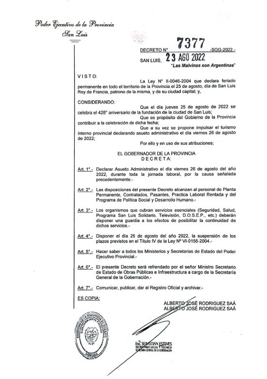 El Gobierno provincial decretó asueto administrativo para el  26 de agosto
