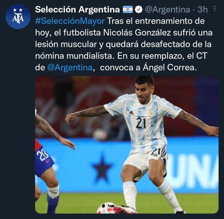 Joaquín Correa y Nicolás González fuera del mundial por problemas físicos
