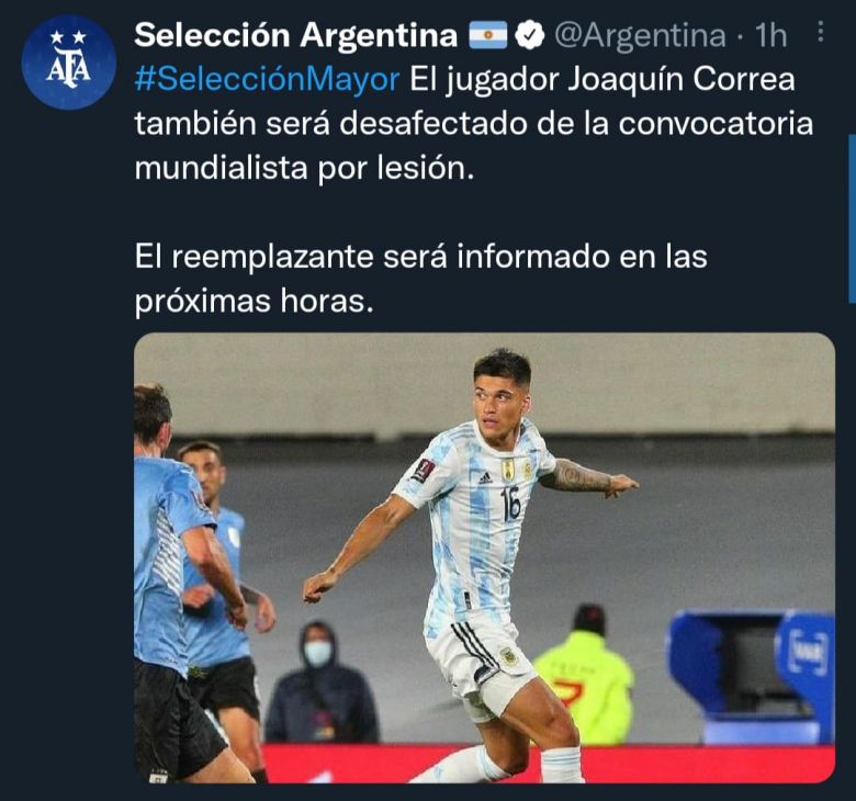 Joaquín Correa y Nicolás González fuera del mundial por problemas físicos