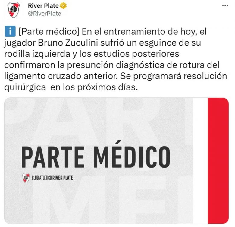 Malas noticias en River: Bruno Zuculini se rompió los ligamentos cruzados y afrontará una larga inactividad