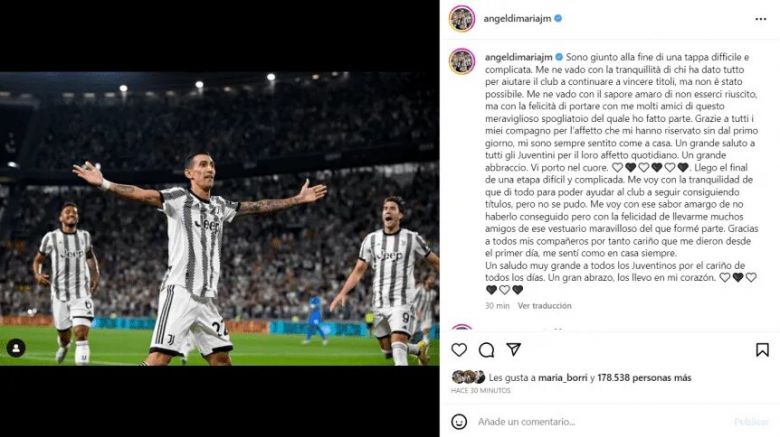 Ángel Di María confirmó que no seguirá en Juventus