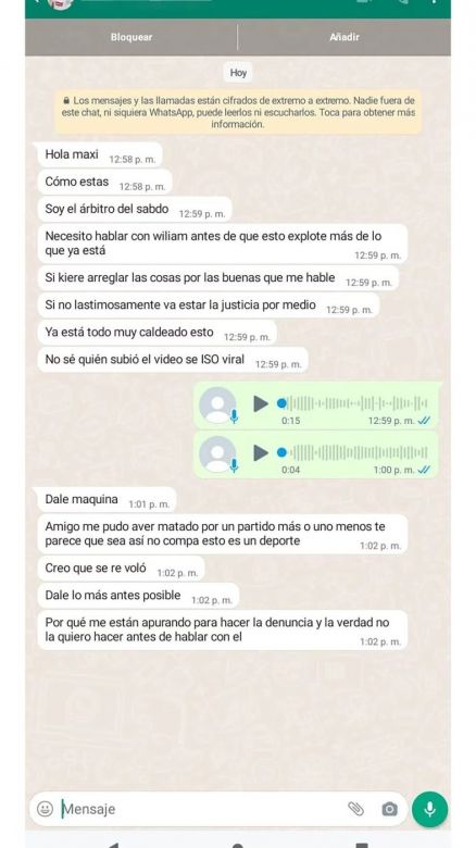 Los chats y el audio que el árbitro le envió al joven que lo agredió en un partido de fútbol y después se suicidó