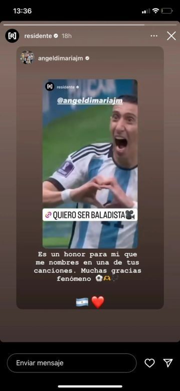 Angel Di María está chocho de que Residente lo nombre en una canción: “Muchas gracias, fenómeno”