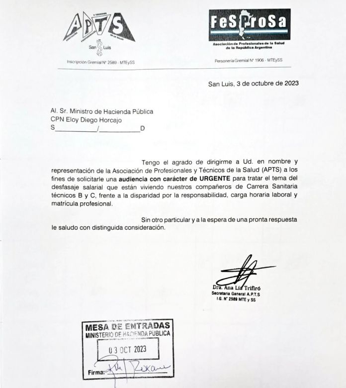 APTS solicitó audiencia con el ministro de Hacienda de San Luis