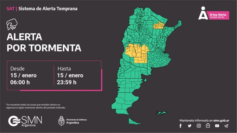 Alerta naranja y amarilla para San Luis  y otras cuatro provincias