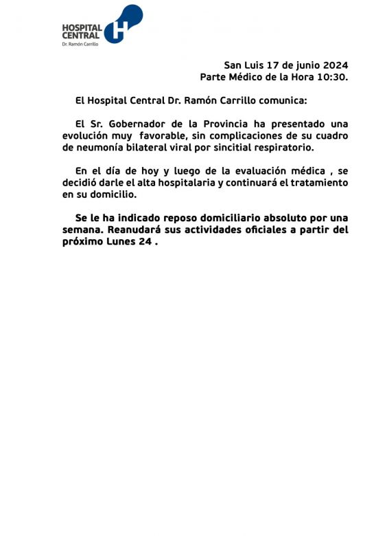 El gobernador fue dado de alta hospitalaria