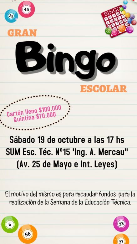 Gran Bingo a beneficio de la Escuela Técnica N°15