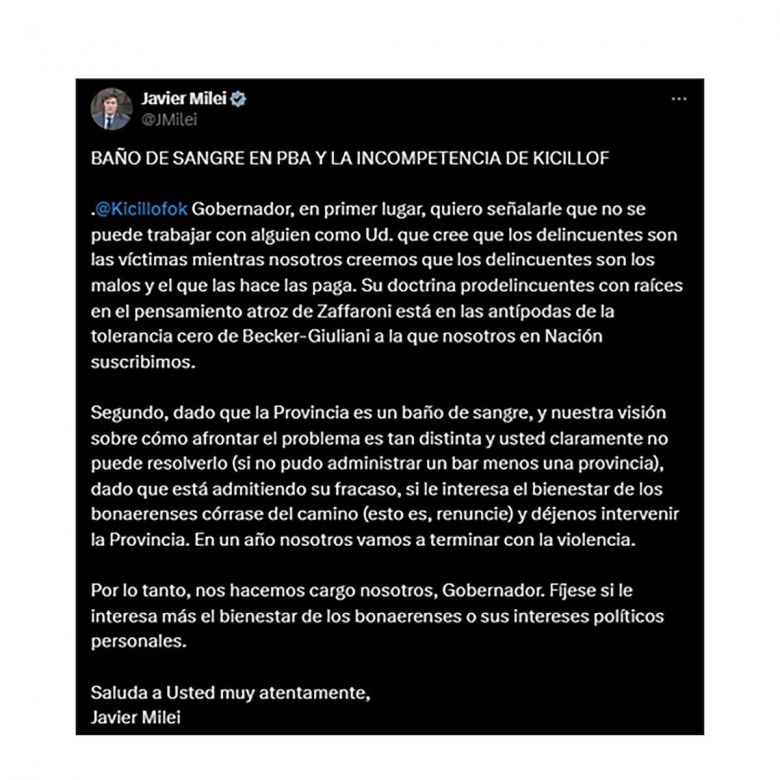 Milei pidió la renuncia de Kicillof y propuso intervenir la provincia de Buenos Aires en medio de la ola de inseguridad