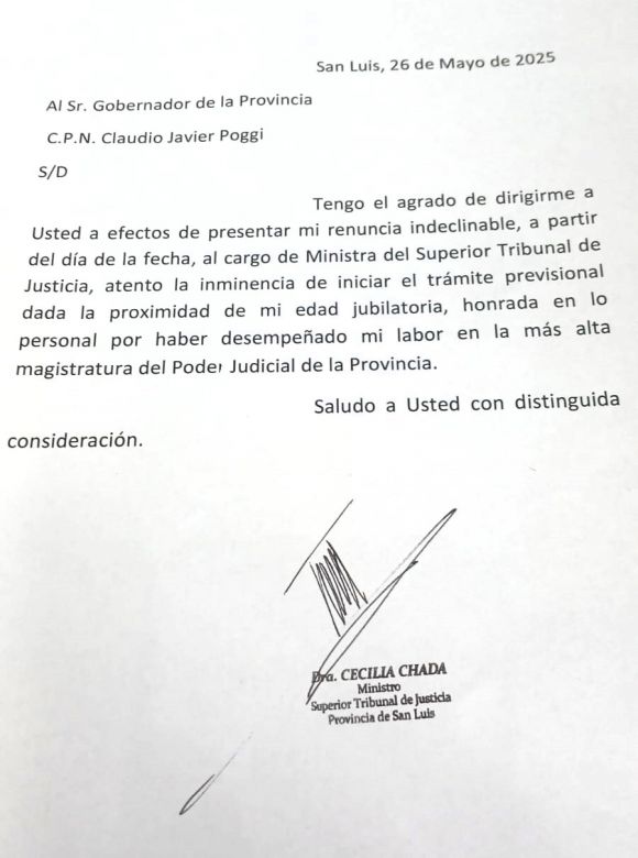 El Gobernador aceptó la renuncia de la ministra del Superior Tribunal de Justicia, Cecilia Chada