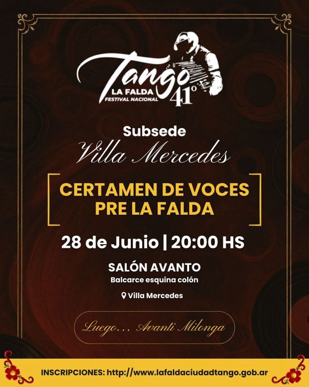 Villa Mercedes será subsede del certamen de voces pre "La Falda Tango 2025"