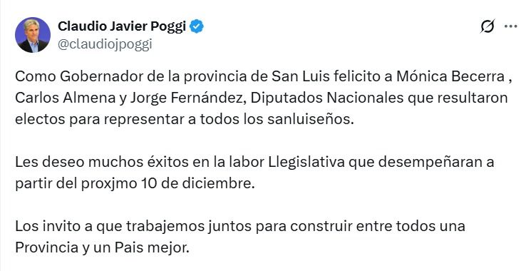 Poggi felicitó a los diputados nacionales electos y los invitó a trabajar juntos “para construir una Provincia y un País mejor”