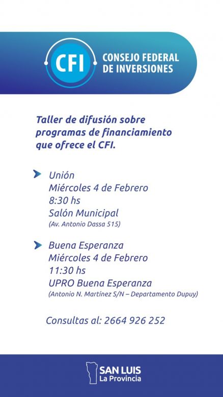 Dictar&aacute;n en el sur de San Luis talleres de difusi&oacute;n de programas de financiamiento del CFI