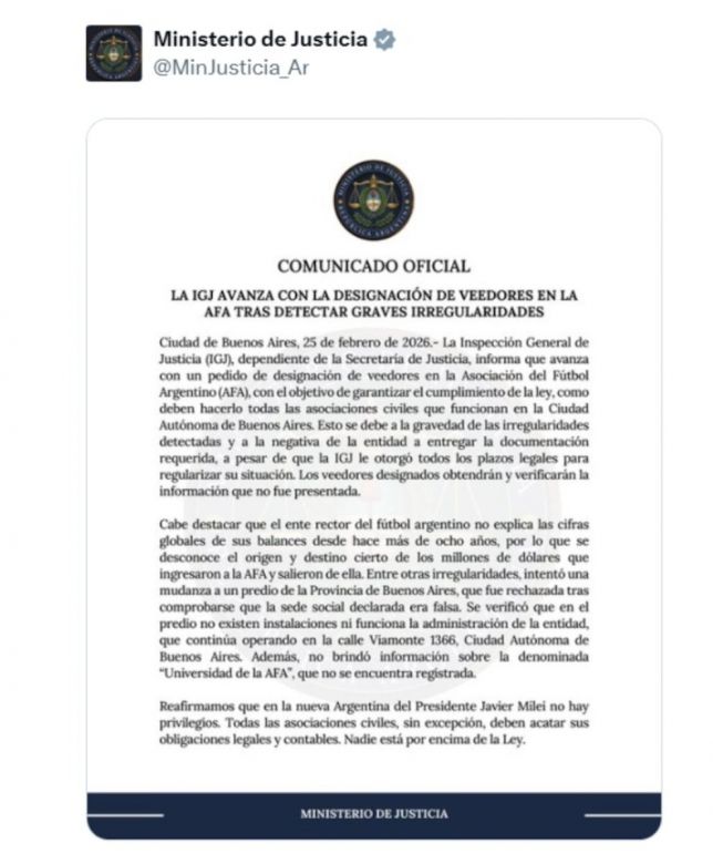 La Inspecci&oacute;n General de Justicia solicit&oacute; la designaci&oacute;n de veedores en la AFA