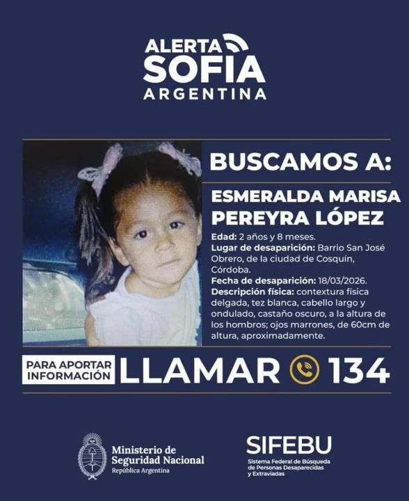 Alerta Sof&iacute;a en C&oacute;rdoba: buscan a Esmeralda, una ni&ntilde;a de dos a&ntilde;os en Cosqu&iacute;n