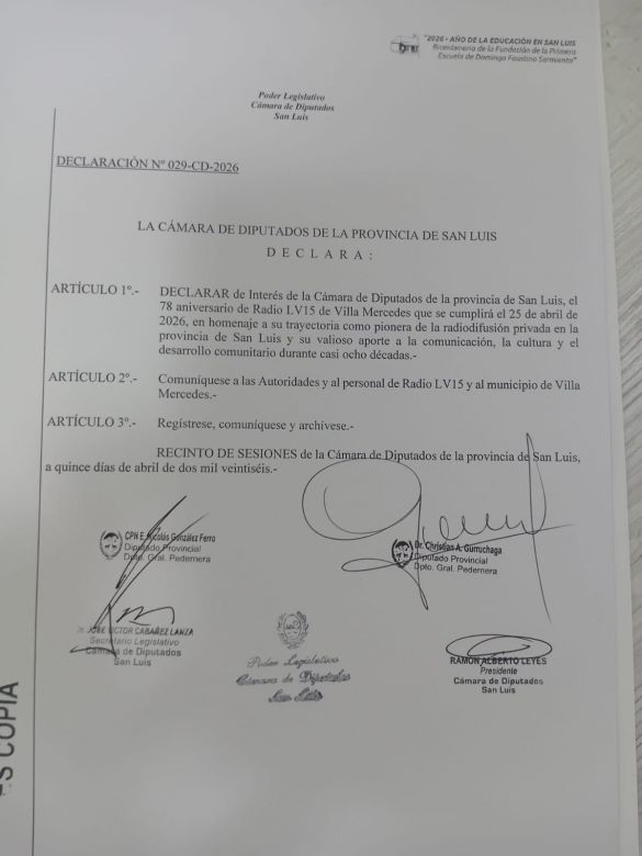 La C&aacute;mara de Diputados de San Luis declar&oacute; de inter&eacute;s el 78&deg; aniversario de LV15 Radio Villa Mercedes