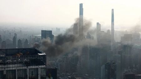 El impactante video del colapso de una grúa en Nueva York en medio de un incendio