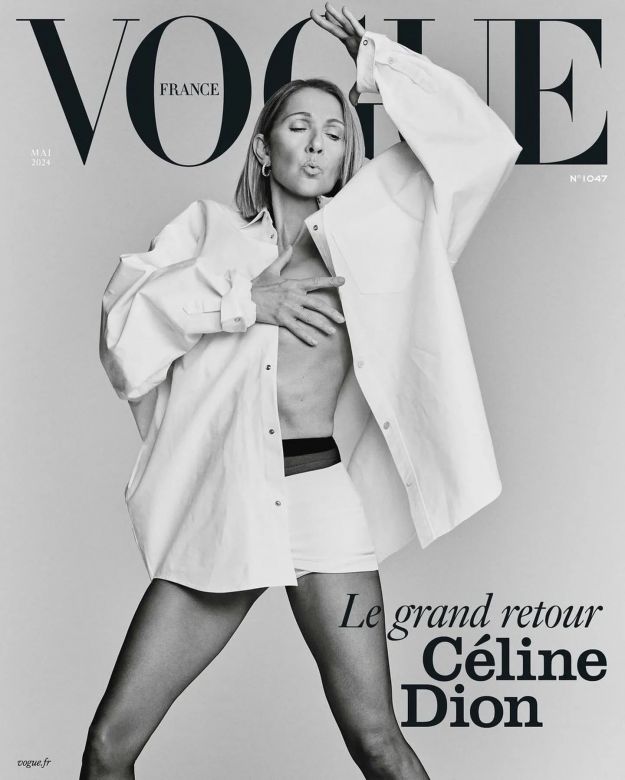 Céline Dion posó para Vogue en camisa semiabierta, bóxer y pantys: “A los 55, estoy orgullosa de esto“